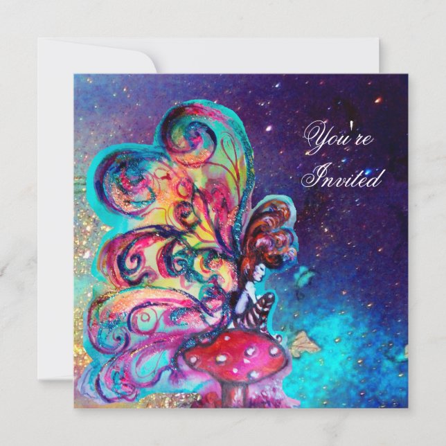 Convite PEQUENO ELF DE COGUMELOS, rosa amarelo azul brilho (Frente)