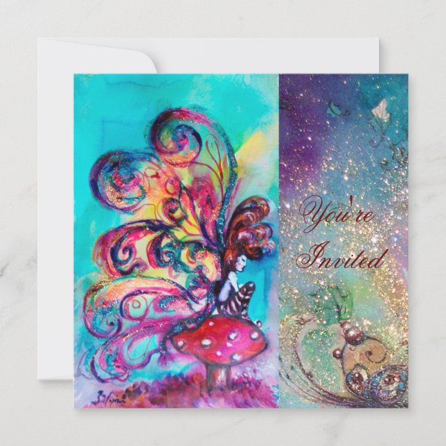 Convite PEQUENO ELF DE COGUMELOS, rosa amarelo azul brilho (Frente)