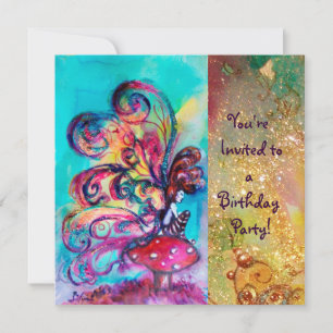 Convite PEQUENO ELF DE COGUMELOS, rosa amarelo azul brilho