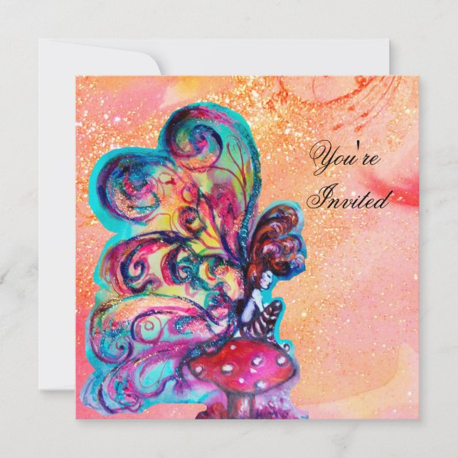 Convite PEQUENO ELF DE COGUMELOS, rosa brilho amarelo dour (Frente)