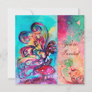 Convite PEQUENO ELF DE COGUMELOS, rosa verde azul brilho