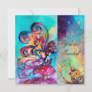 Convite PEQUENO ELF DE COGUMELOS, rosa verde azul brilho