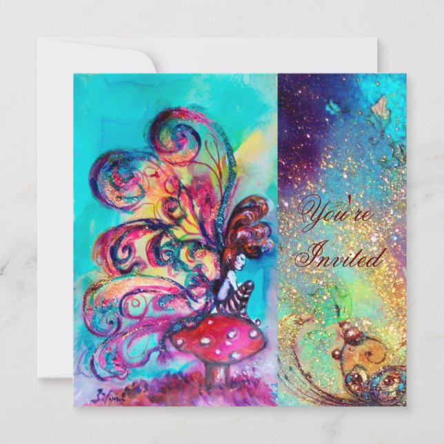 Convite PEQUENO ELF DOS COGUMELOS, brilho azul-rosa azul (Frente)