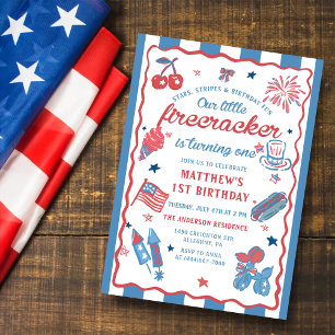 Convite Pequeno Firecracker 4 de julho de primeiro anivers