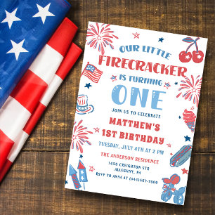 Convite Pequeno Firecracker 4 de julho de primeiro anivers