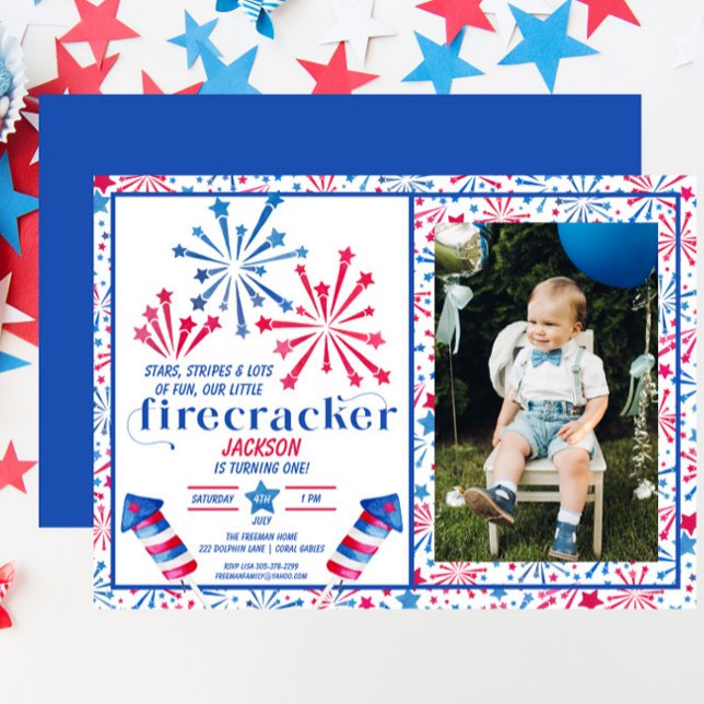 Convite Pequeno Firecracker Red White Foto Azul Aniversári (Criador carregado)