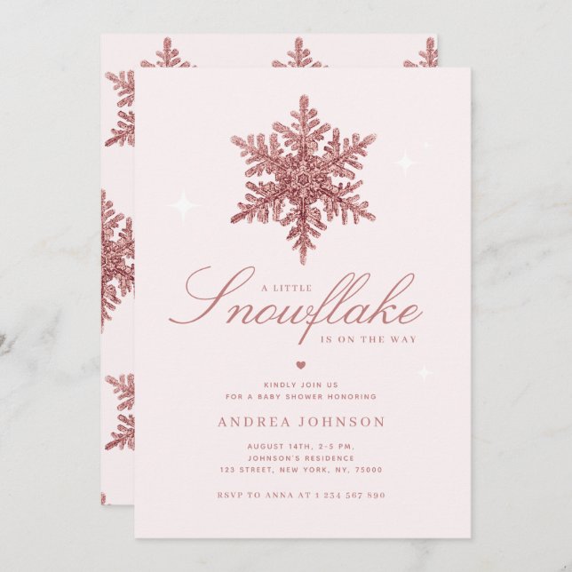 Convite Pequeno Floco de Neve, Chá de fraldas Cinza Rosa (Frente/Verso)