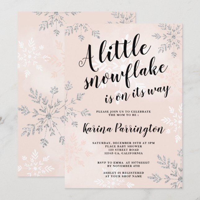 Convite Pequeno floco de neve chá de fraldas de guião rosa (Frente/Verso)