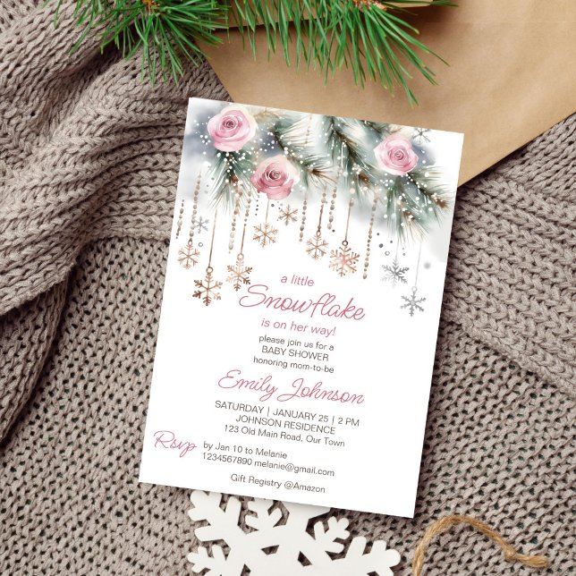 Convite Pequeno floco de neve chá de fraldas de inverno (Little snowflake winter baby shower template invitation digital download pastel blush roses pines)