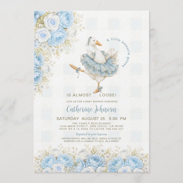 Convite Pequeno Ganso Doce Azul Floral Chuvinha de Bebê (Frente)