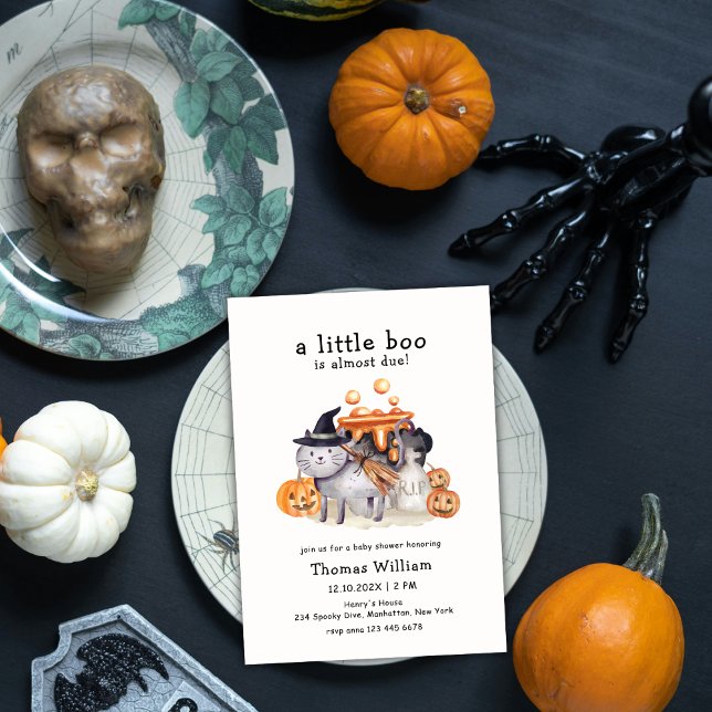 Convite Pequeno Gato De Boo No Chá de fraldas Da Bruxa De  (Little Boo Cat In Hat Witch Brewing Baby Shower Invitation)