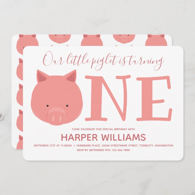 Convite Pequeno Leitão Transformando Um Animal Primeiro An (Frente/Verso)