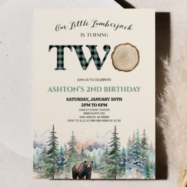 Convite Pequeno Lumberjack Bear Green - Festa de segundo a (Criador carregado)