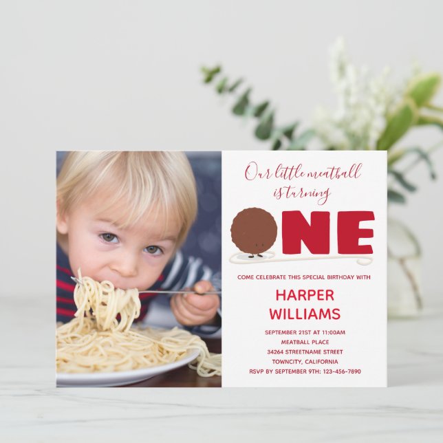 Convite Pequeno Meatball Virando Uma Foto Primeiro Anivers (Em pé/Frente)
