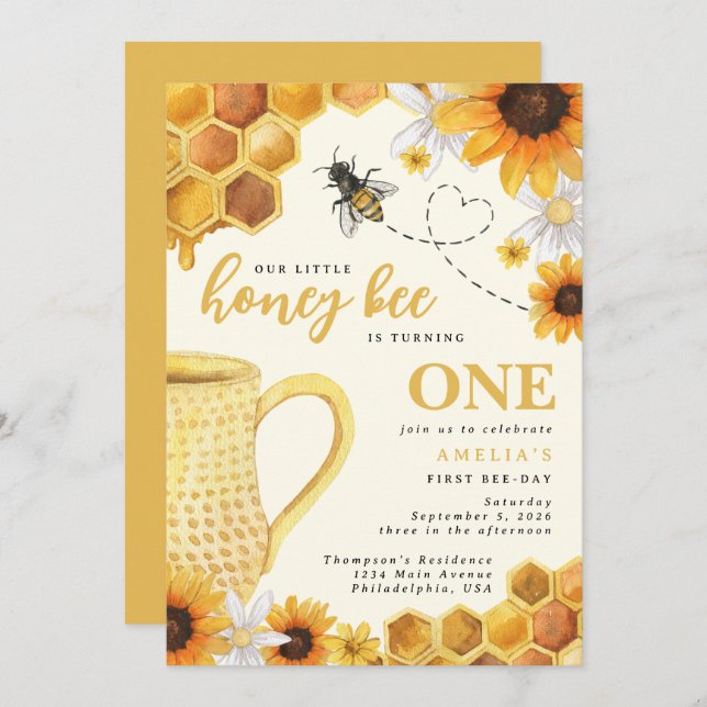 Convite Pequeno Mel Abelha Aquarela primeiro aniversario d (Frente/Verso)