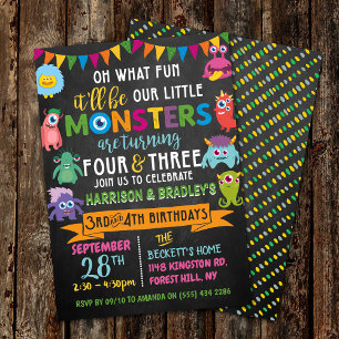 Convite Pequeno Monstro Chalkboard 3º e 4º Aniversário 