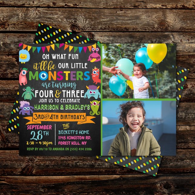 Convite Pequeno Monstro Chalkboard 3º e 4º Aniversário Con (Criador carregado)