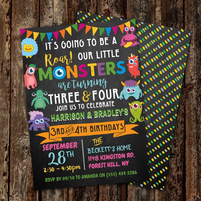 Convite Pequeno Monstro Chalkboard 3º e 4º Aniversário Con (Criador carregado)
