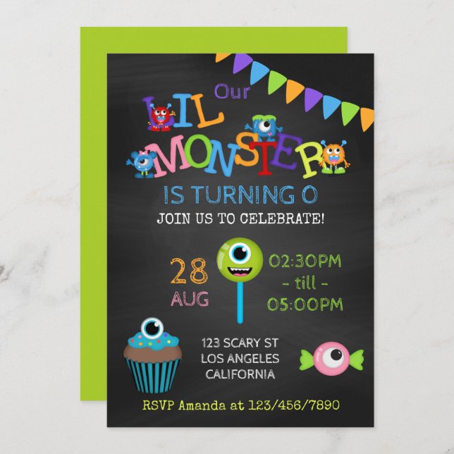 Convite Pequeno monstro qualquer idade Aniversário (Frente/Verso)