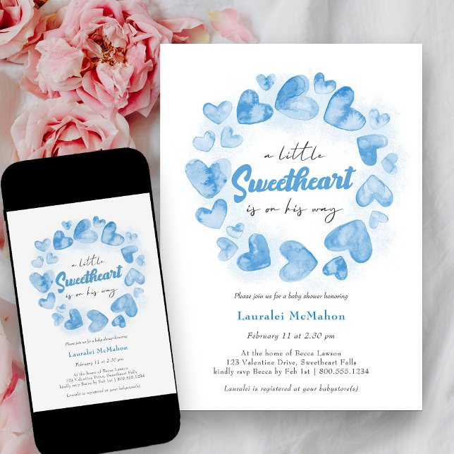 Convite Pequeno Namorados  Azul Chá de fraldas (Little Sweetheart Blue Love Heart Baby Shower Invitation)