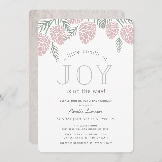 Convite Pequeno pacote de alegria, Chá de fraldas de pinhe (Frente/Verso)