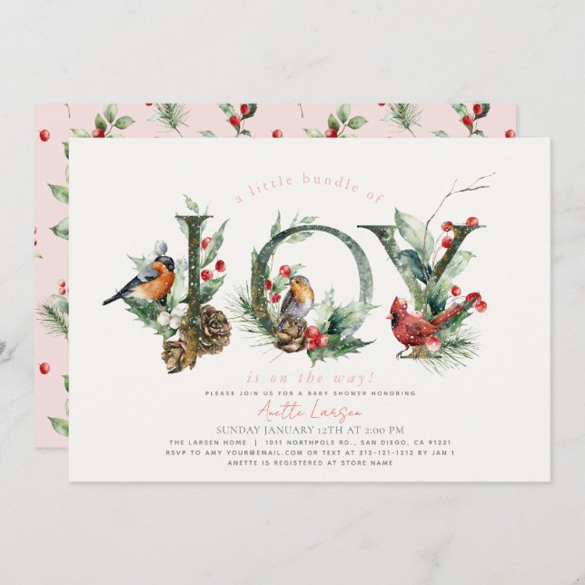 Convite Pequeno pacote de Joy Birds Pink Girl Chá de frald (Frente/Verso)