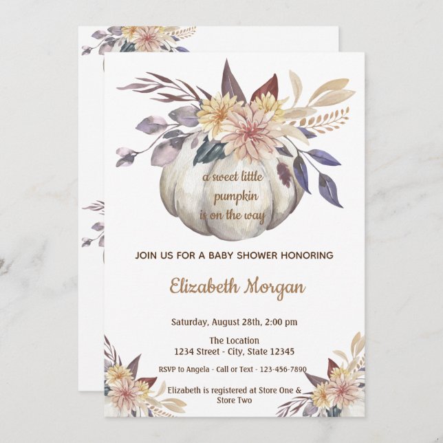 Convite Pequeno Pampkin, Chá de fraldas Flores (Frente/Verso)