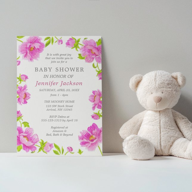 Convite Pequeno para Chá de Bebê com Peônias Rosa (Criador carregado)