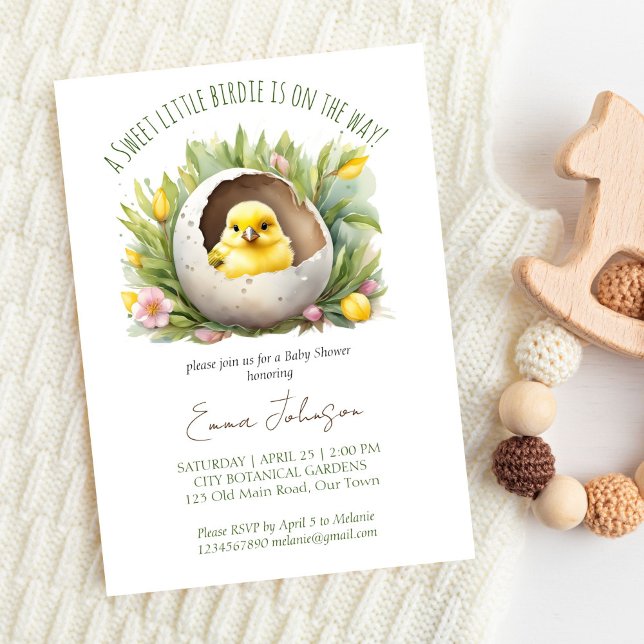 Convite Pequeno passarinho nascendo em breve primavera chá (Little birdie hatching soon spring baby shower template invitation digital download cute canary bird)