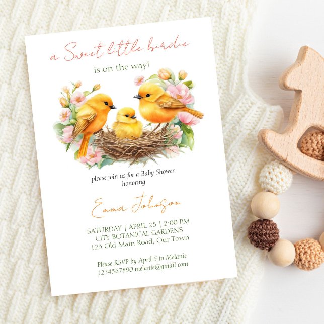 Convite Pequeno passarinho nascendo em breve primavera chá (Little birdie hatching soon spring baby shower template invitation yellow canaries about to hatch)