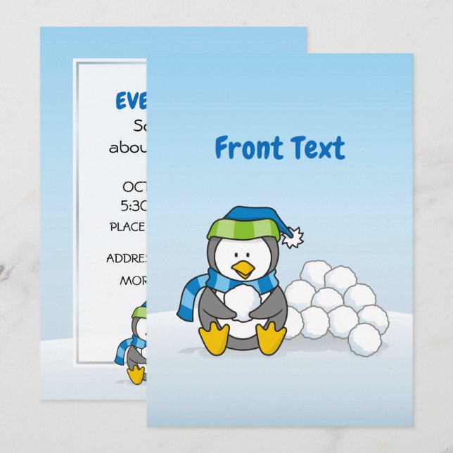 Convite Pequeno pinguim sentado com bolas de neve (Frente/Verso)
