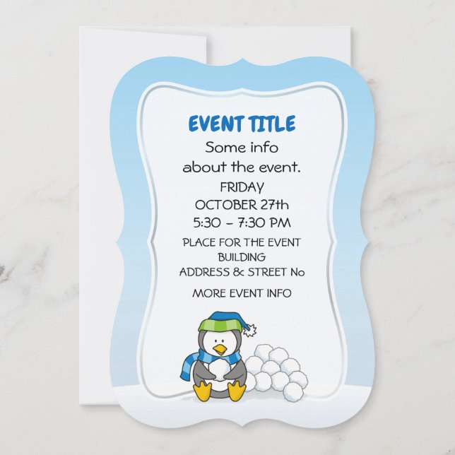 Convite Pequeno pinguim sentado com bolas de neve (Verso)