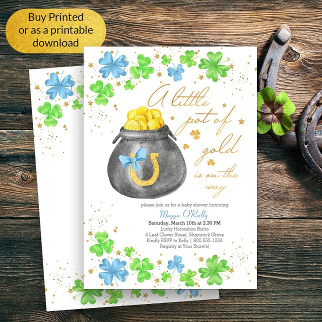 Convite Pequeno Pote do Chá de fraldas azul Dourado de Sha (Boy Baby Shower Lucky Irish Themed Invitation)