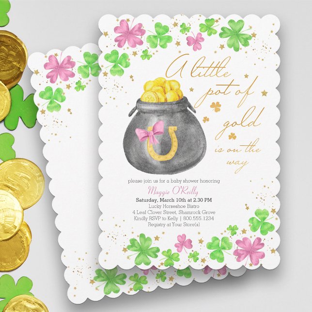 Convite Pequeno Pote do Chá de fraldas de Shamrock Verde R (Girl Baby Shower with Pink Shamrocks and St Patricks theme - available printed or printable download)