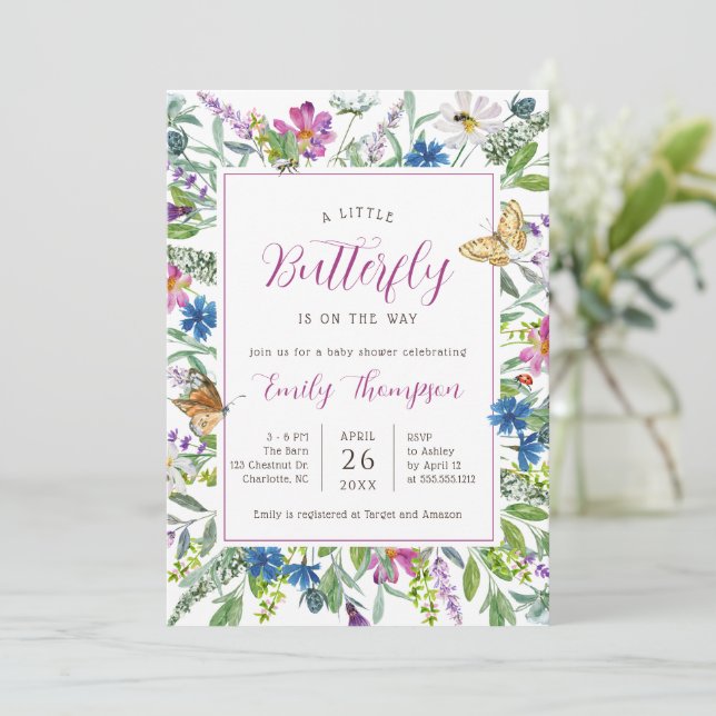 Convite Pequeno Primavera de Borboleta Chá de fraldas (Em pé/Frente)