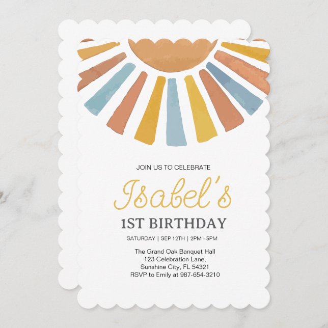 Convite Pequeno Primeiro aniversário à Luz do Sol, Nascime (Frente/Verso)