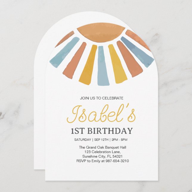 Convite Pequeno Primeiro aniversário à Luz do Sol, Nascime (Frente/Verso)