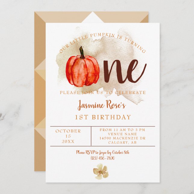 Convite Pequeno primeiro aniversario De Abóbora Aquarela Q (Frente/Verso)