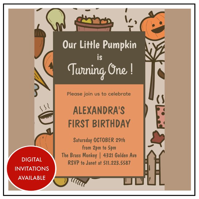 Convite Pequeno primeiro aniversario de Abóbora Laranja Qu (Halloween-1st-birthday-Invitation-Little-Pumpkin-Orange-Fall-1)