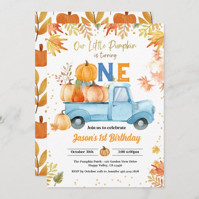 Convite Pequeno primeiro aniversario de Abóbora Menino Cam (Frente/Verso)