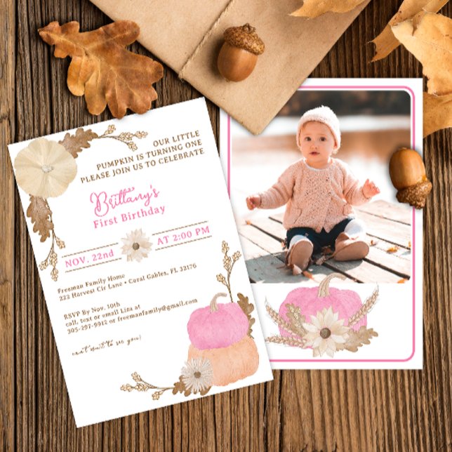 Convite Pequeno primeiro aniversario de Abóbora Rosa Convi (Pink Pumpkin - Our little pumpkin birthday party invitation)
