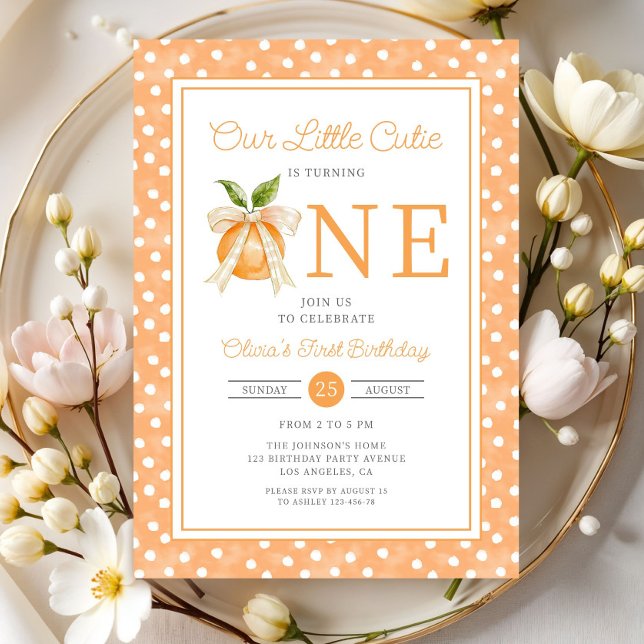 Convite Pequeno primeiro aniversario de Citros de Laranja  (Cute Little Cutie Orange Citrus 1st Birthday Invitation)