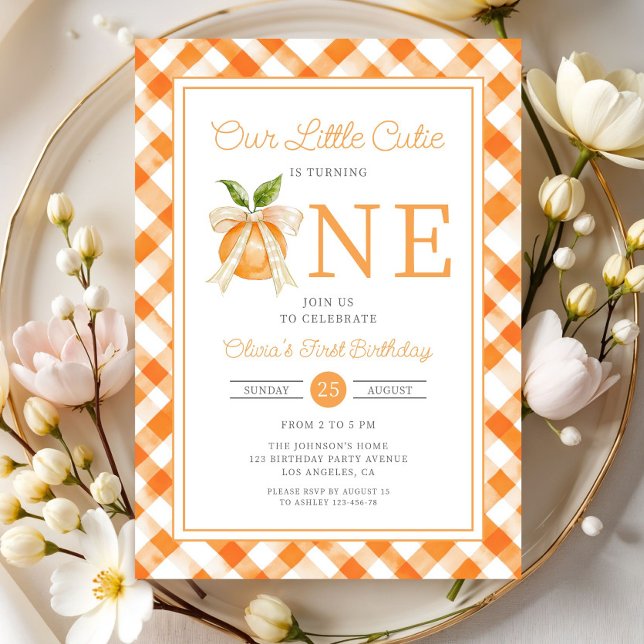 Convite Pequeno primeiro aniversario de Citros de Laranja  (Little Cutie Orange Citrus 1st Birthday Invitation)