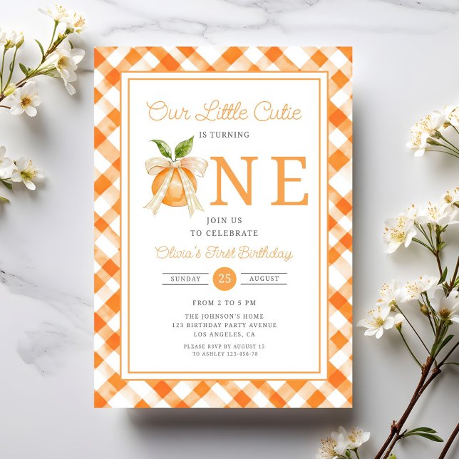 Convite Pequeno primeiro aniversario de Citros de Laranja  (Little Cutie Orange Citrus 1st Birthday Invitation)