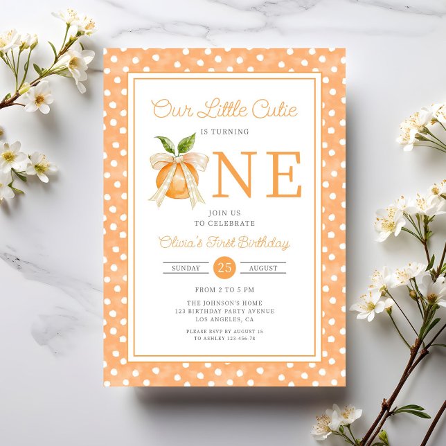 Convite Pequeno primeiro aniversario de Citros de Laranja  (Cute Little Cutie Orange Citrus 1st Birthday Invitation)