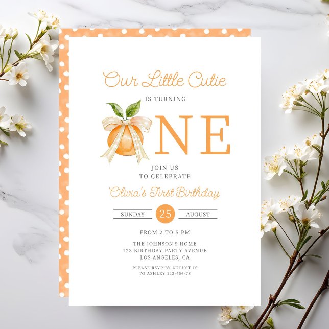 Convite Pequeno primeiro aniversario de Citros Laranja Mod (Modern Little Cutie Orange Citrus 1st Birthday Invitation)