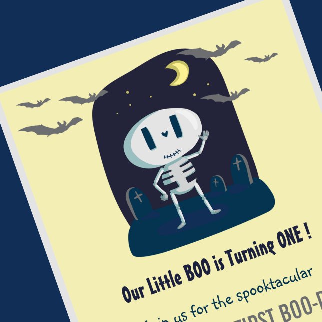 Convite Pequeno primeiro aniversario de Dia das Bruxas Bon (Halloween-1st-Birthday-Invitation-Little boo-Yellow-skull-Cute-1)