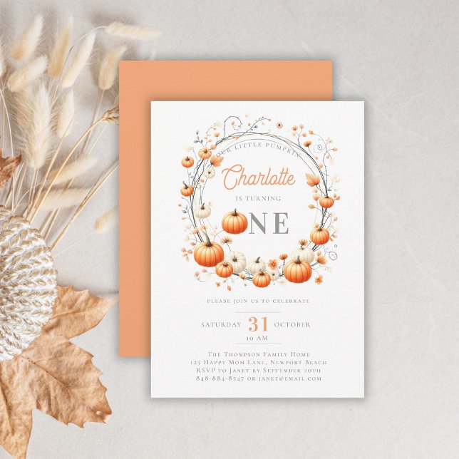 Convite Pequeno primeiro aniversario de Garota do Pumpkin  (pumpkin 1st birthday invitation girl botanical floral frame watercolor girly cute adorable feminine)