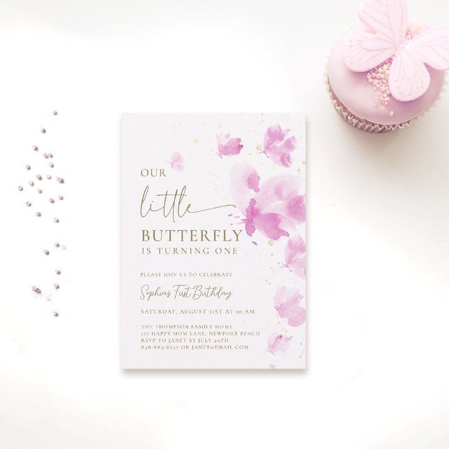 Convite Pequeno primeiro aniversario de Orçamento Rosa-Bor (butterfly themed 1st birthday invitation girls pink watercolor one year fluttered by budget)