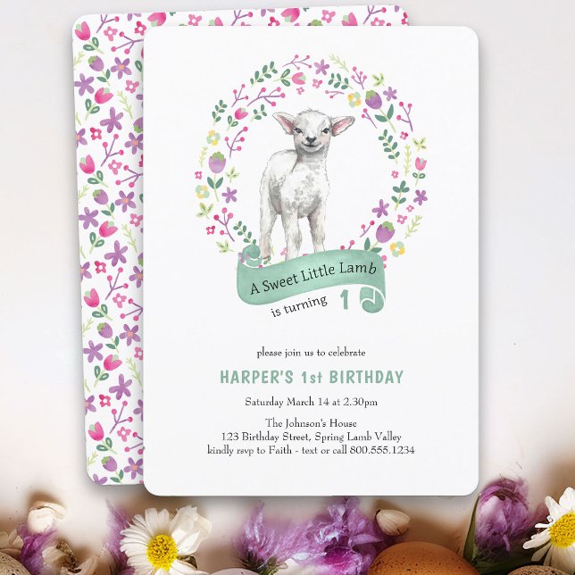 Convite Pequeno primeiro aniversario de Primavera (A Sweet Little Lamb birthday invitation - perfect for spring or easter)